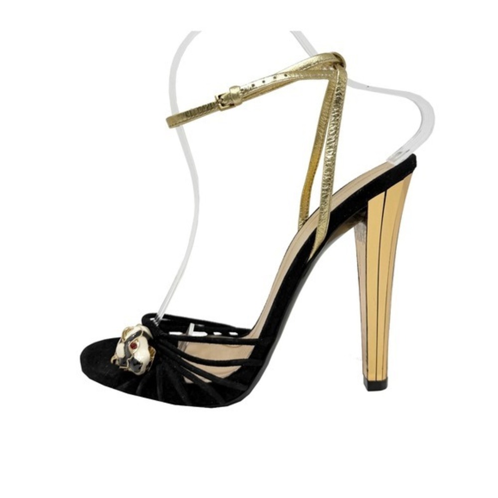 Gucci‎ Black Suede Platform Heels Gold Heel Panther Charm Sandals 38